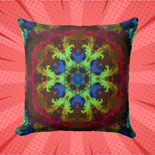 Psychedelic Mandala Blume Grün Blau und Rot Kissen