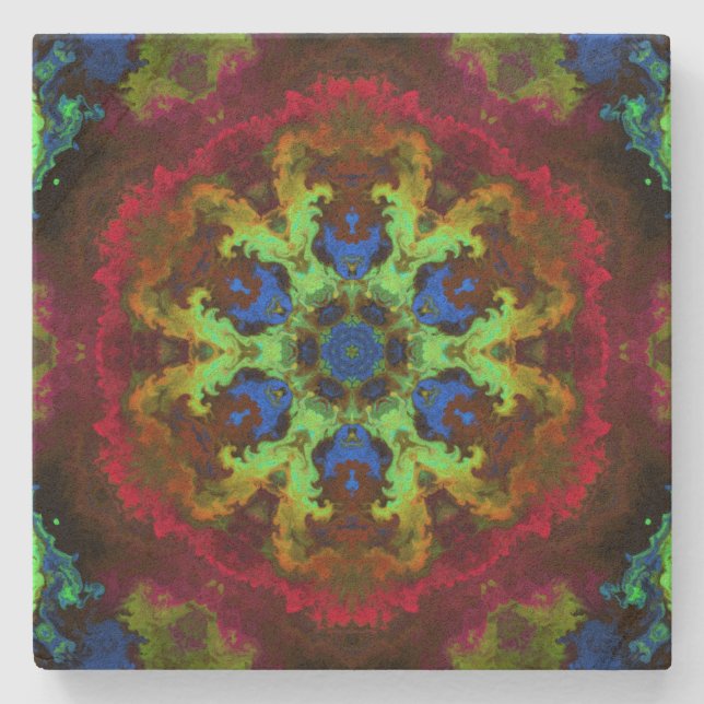 Psychedelic Mandala Blume Grün Blau und Rot Steinuntersetzer (Vorderseite)