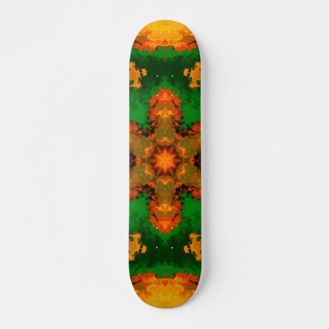 Psychedelic Mandala Blume Grün Orange und Gelb Skateboard (Vorne)