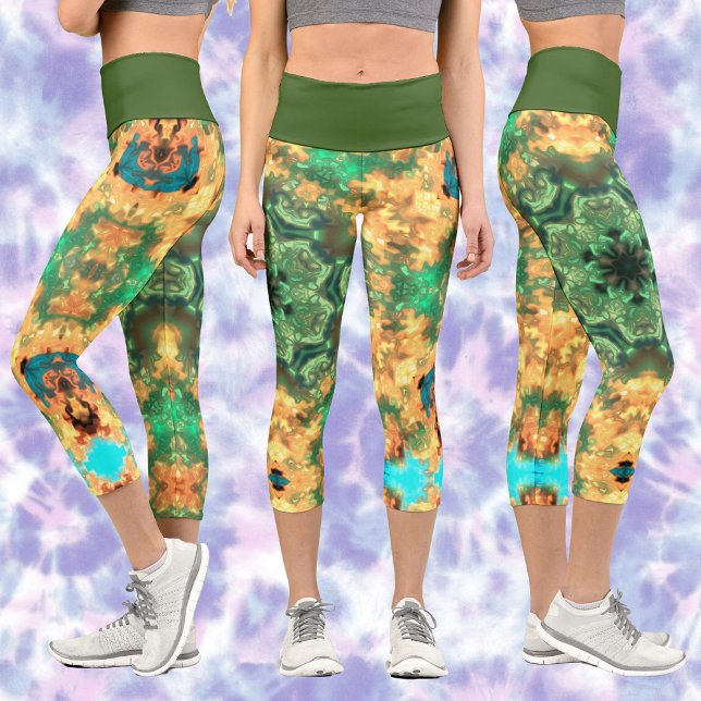 Psychedelic Mandala Blume Grün und Gelb Capri Leggings (Von Creator hochgeladen)