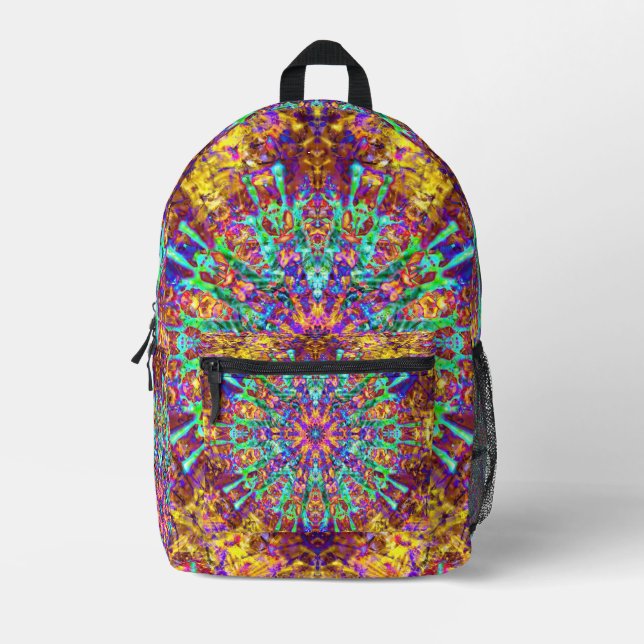Psychedelic Mandala Trippy Hippie Color Splash Bedruckter Rucksack (Vorderseite)