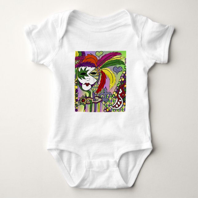 Psychedelic Mardi Gras Feather Mask Baby Strampler (Vorderseite)