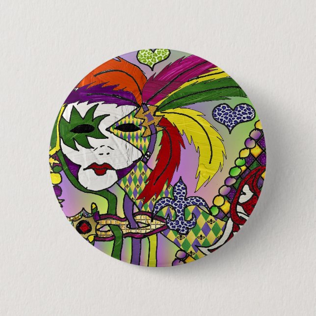 Psychedelic Mardi Gras Feather Mask Button (Vorderseite)