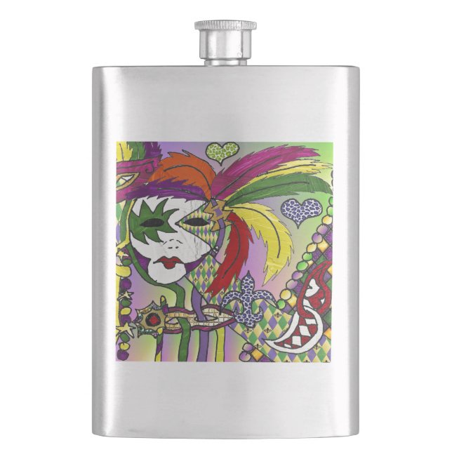 Psychedelic Mardi Gras Feather Mask Flachmann (Vorderseite)
