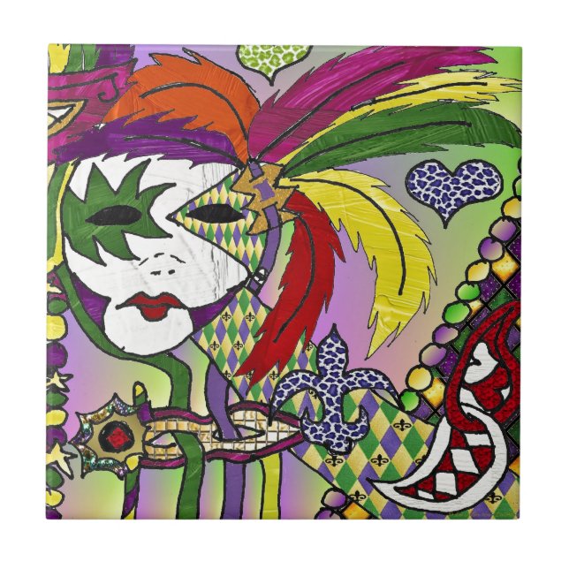 Psychedelic Mardi Gras Feather Mask Fliese (Vorderseite)