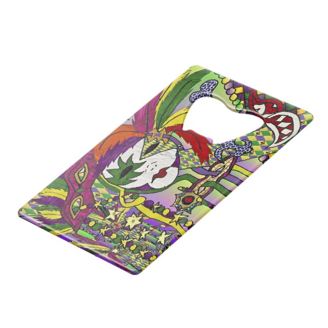 Psychedelic Mardi Gras Feather Mask Geldbeutel Flaschenöffner (Vorderseite Schrägansicht)