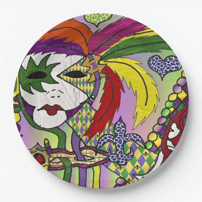 Psychedelic Mardi Gras Feather Mask Pappteller (Vorderseite)