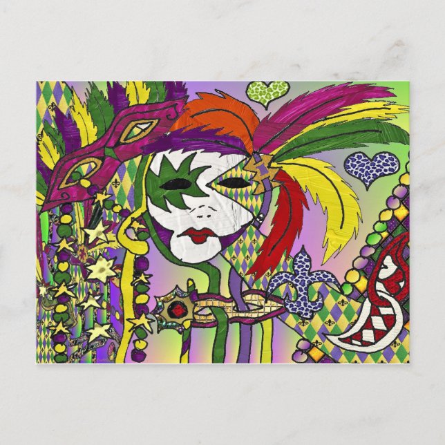Psychedelic Mardi Gras Feather Mask Postkarte (Vorderseite)