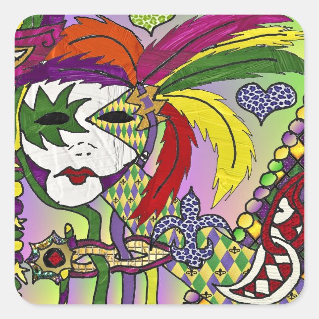 Psychedelic Mardi Gras Feather Mask Quadratischer Aufkleber (Vorderseite)