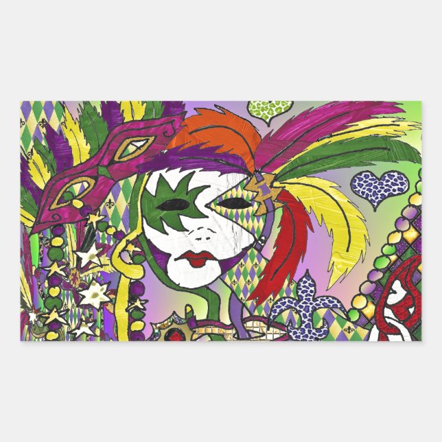Psychedelic Mardi Gras Feather Mask Rechteckiger Aufkleber (Vorderseite)