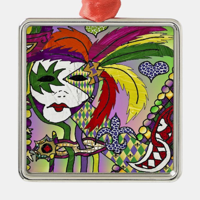Psychedelic Mardi Gras Feather Mask Silbernes Ornament (Vorne)