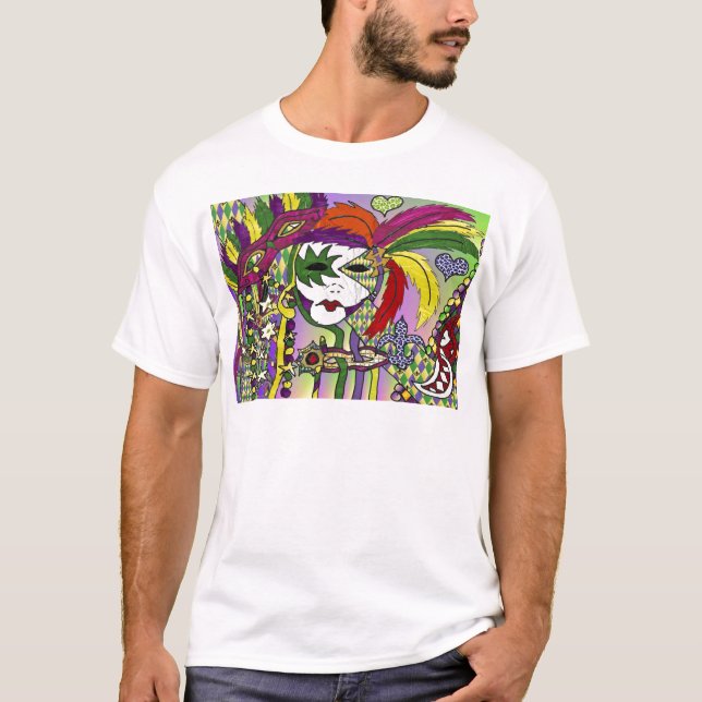 Psychedelic Mardi Gras Feather Masken Geschenke Ap T-Shirt (Vorderseite)