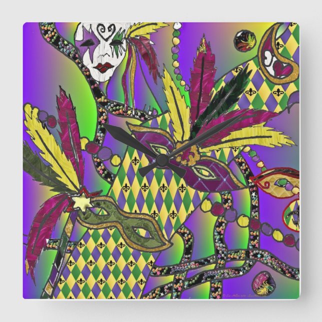 Psychedelic Mardi Gras Feather Masken Uhr (Vorderseite)