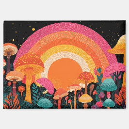 Psychedelic Mushroom Sunset – Retro Fantasy Nature Magnet