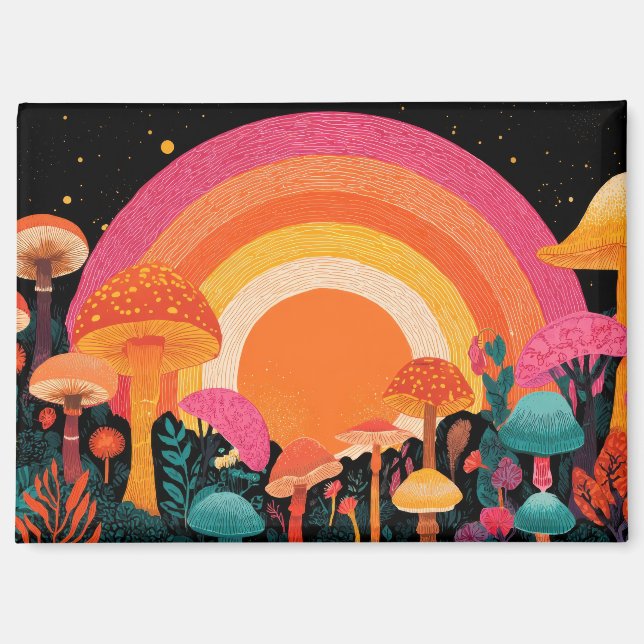 Psychedelic Mushroom Sunset – Retro Fantasy Nature Magnet (Vorderseite)