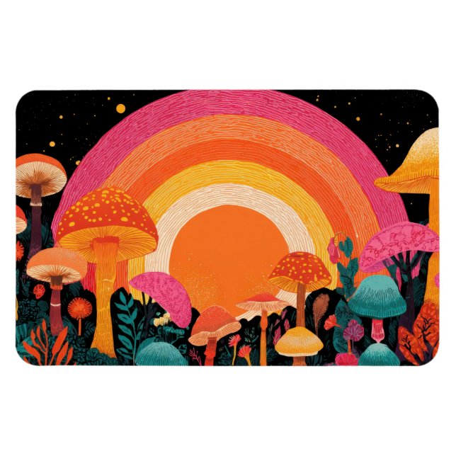 Psychedelic Mushroom Sunset – Retro Fantasy Nature Magnet (Horizontal)