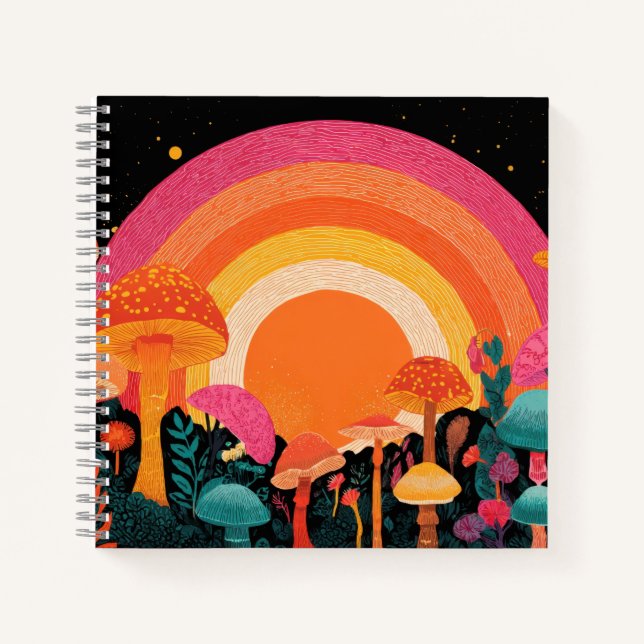 Psychedelic Mushroom Sunset – Retro Fantasy Nature Notizbuch (Vorderseite)