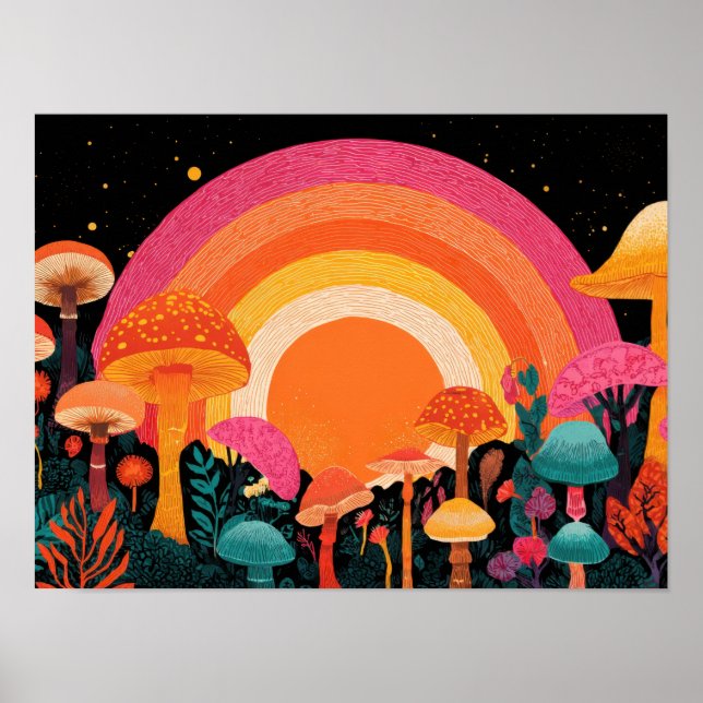 Psychedelic Mushroom Sunset – Retro Fantasy Nature Poster (Vorne)