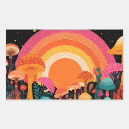 Psychedelic Mushroom Sunset – Retro Fantasy Nature Rechteckiger Aufkleber