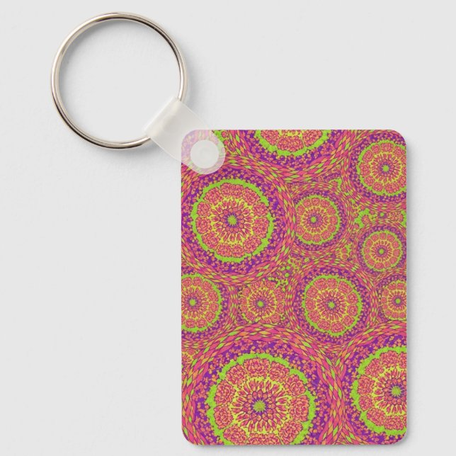 Psychedelic Neon Mandala Swirl Pattern Schlüsselanhänger (Vorderseite)