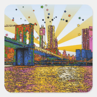 Psychedelic New York City: Brooklyn Bridge, WTC #1 Quadratischer Aufkleber