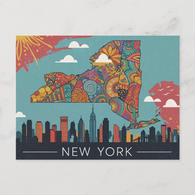 Psychedelic New York Map Art | Lebhafte Stadt & St Postkarte (Vorderseite)