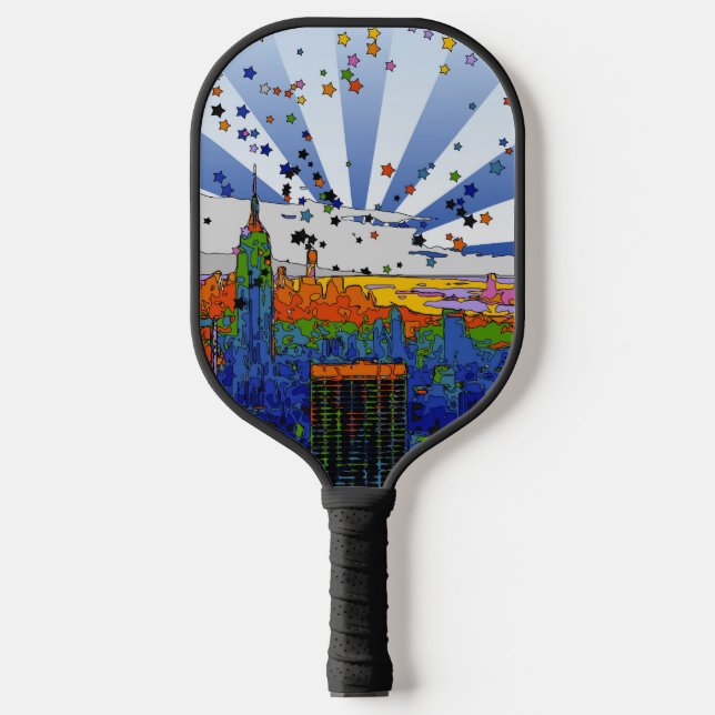 Psychedelic NYC: ESB-weite Skyline-Ansicht Pickleball Schläger (Vorderseite)