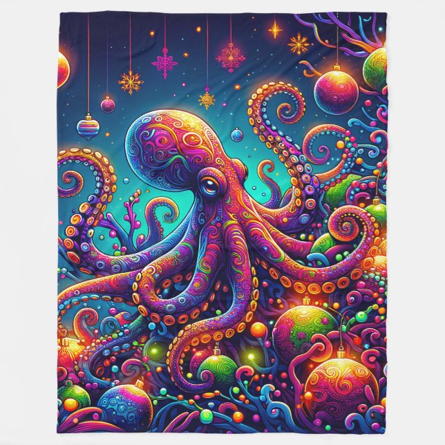 "Psychedelic Octopus Christmas Wonderland" Fleecedecke (Vorderseite)