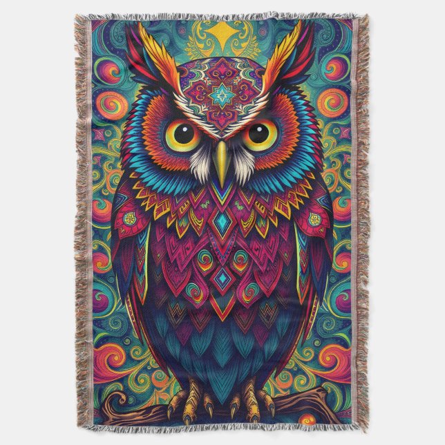 🌈 Psychedelic Owl Comfort – Boho Animal Throw Art Decke (Vorderseite Vertikal)