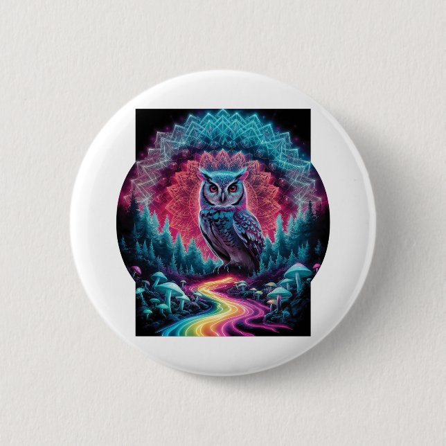 Psychedelic Owl Mandala - Trippy Forest Art Button (Vorderseite)