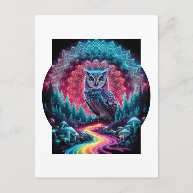 Psychedelic Owl Mandala - Trippy Forest Art Postkarte (Vorderseite)