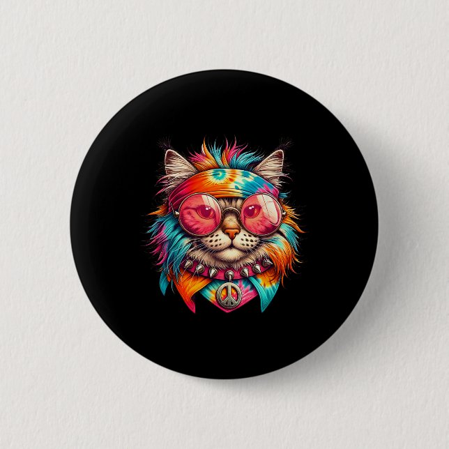 Psychedelic Peace Cat Colorful Hippie Retro Groovy Button (Vorderseite)