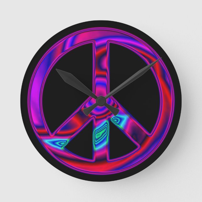 Psychedelic Peace Sign Black Runde Wanduhr (Vorderseite)