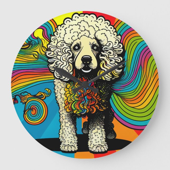 Psychedelic Poodle Dog Design Große Wanduhr (Vorderseite)