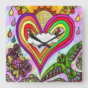 Psychedelic Rainbow Heart Art Print Quadratische Wanduhr