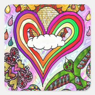 Psychedelic Rainbow Heart Art Print Quadratischer Aufkleber