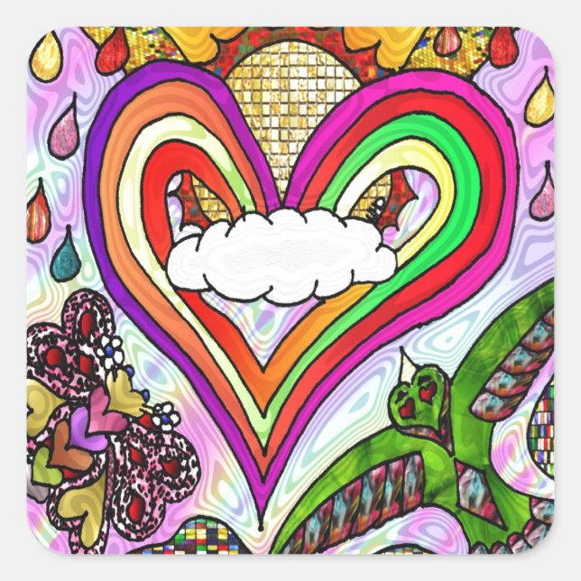 Psychedelic Rainbow Heart Art Print Quadratischer Aufkleber (Vorderseite)