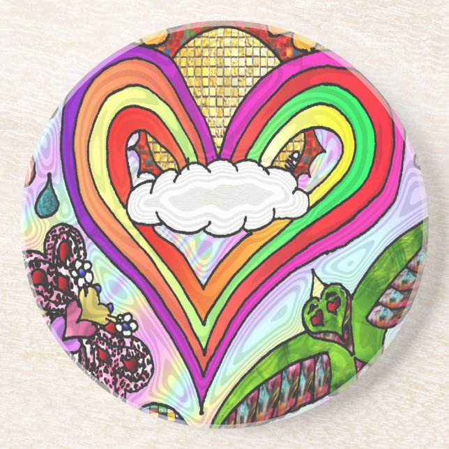 Psychedelic Rainbow Heart Art Print Sandstein Untersetzer (Vorne)