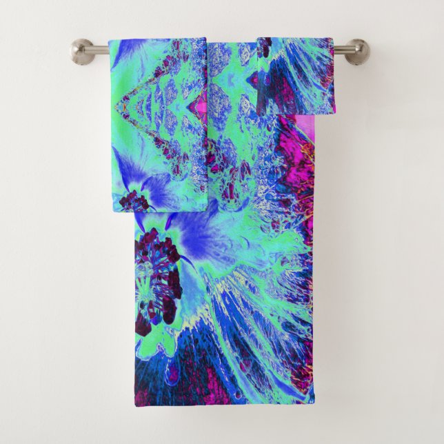 Psychedelic Retro Green und Blue Hibiskus Blume Badhandtuch Set (Insitu)