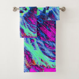 Psychedelic Retro Green und Blue Hibiskus Blume Badhandtuch Set