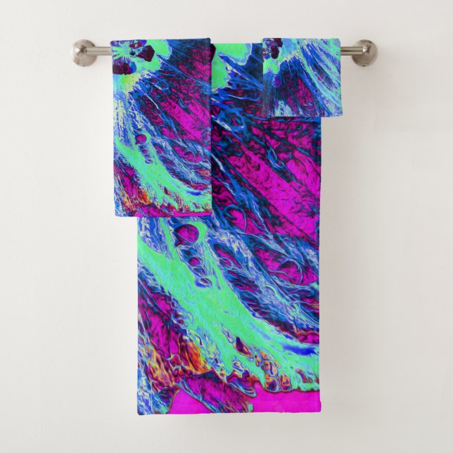 Psychedelic Retro Green und Blue Hibiskus Blume Badhandtuch Set (Insitu)