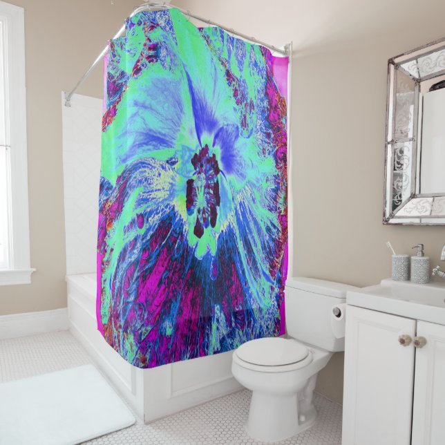 Psychedelic Retro Green und Blue Hibiskus Blume Duschvorhang (Beispiel)