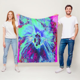 Psychedelic Retro Green und Blue Hibiskus Blume Fleecedecke