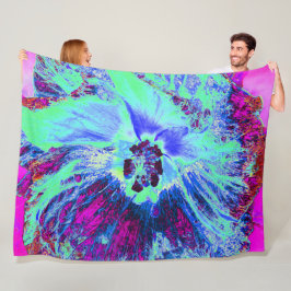 Psychedelic Retro Green und Blue Hibiskus Blume Fleecedecke
