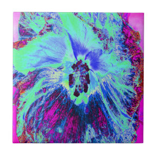 Psychedelic Retro Green und Blue Hibiskus Blume Fliese
