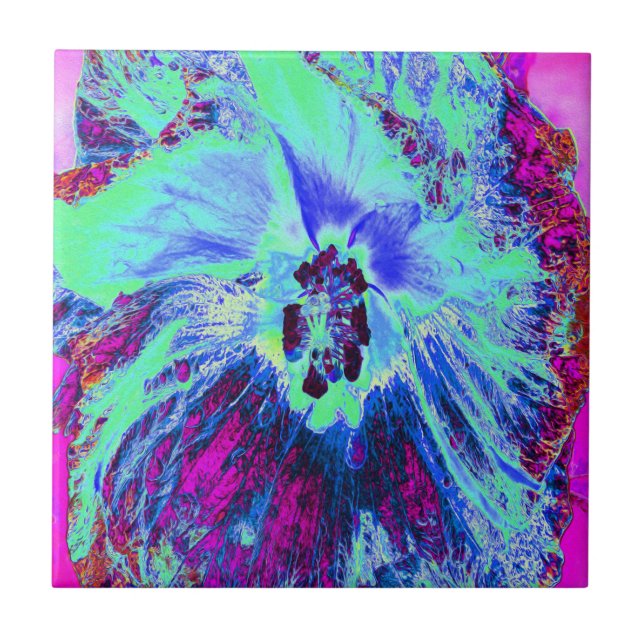 Psychedelic Retro Green und Blue Hibiskus Blume Fliese (Vorderseite)