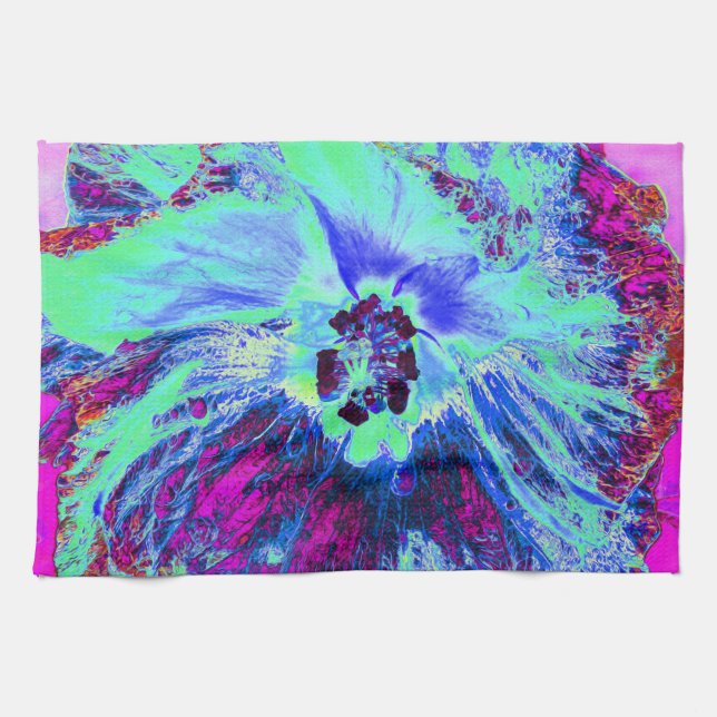 Psychedelic Retro Green und Blue Hibiskus Blume Geschirrtuch (Horizontal)