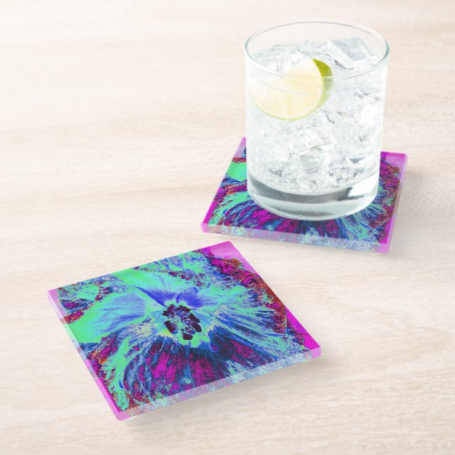 Psychedelic Retro Green und Blue Hibiskus Blume Glasuntersetzer (Schrägansicht)