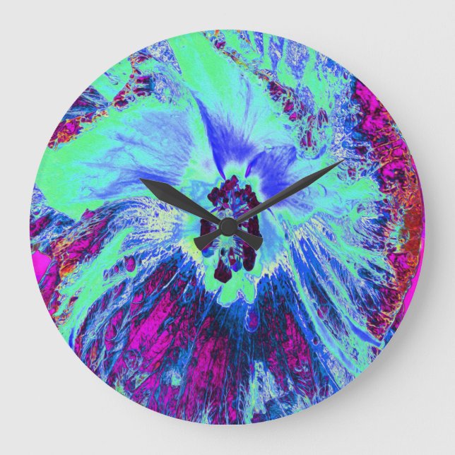 Psychedelic Retro Green und Blue Hibiskus Blume Große Wanduhr (Vorderseite)