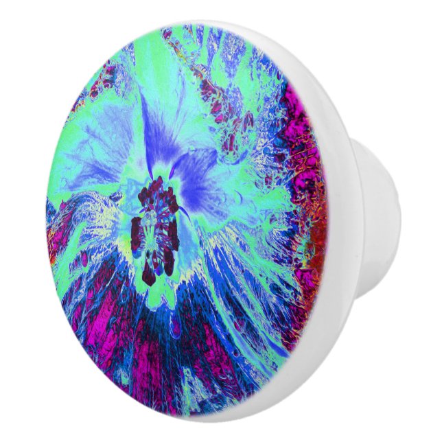 Psychedelic Retro Green und Blue Hibiskus Blume Keramikknauf (Rechts)